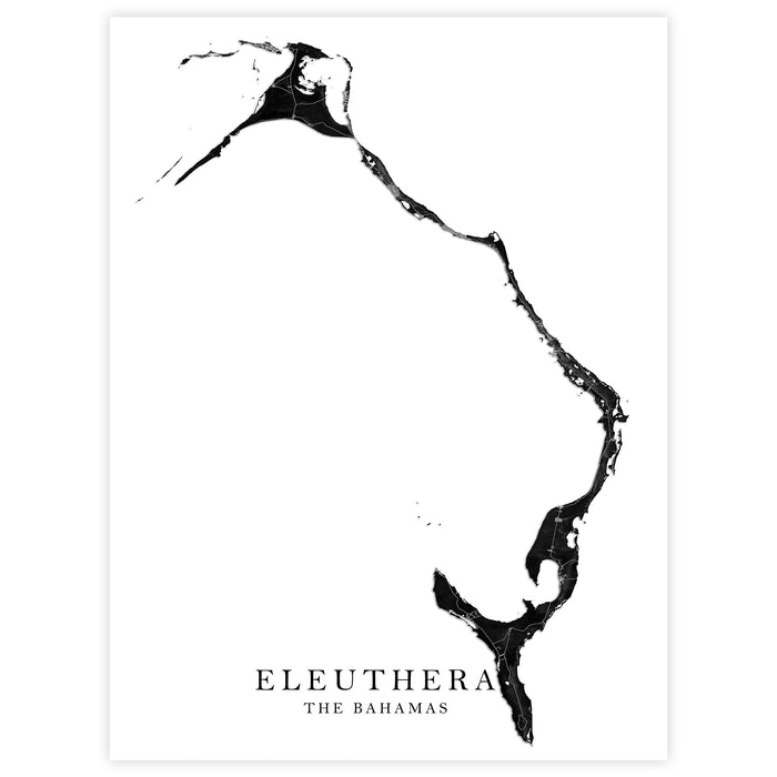 Map of Eleuthera, The Bahamas in blue on a white background