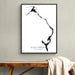 Framed map of Eleuthera, The Bahamas on a wall above a wooden bench.