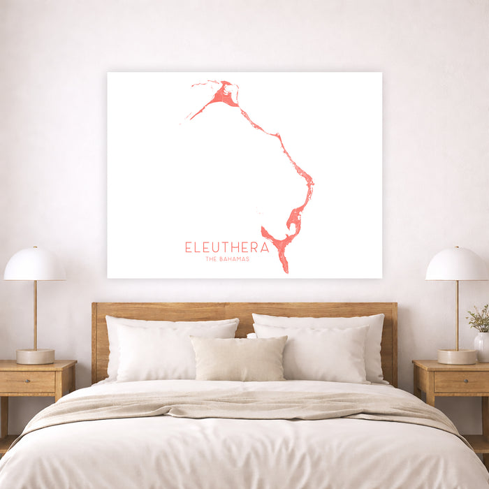 Bedroom with a map of Eleuthera on the wall above a bed.