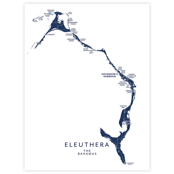 Map of Eleuthera, The Bahamas with island names and a white background