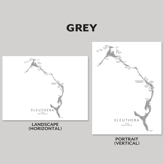 Two map prints of Eleuthera, Bahamas in grey on a gray background.