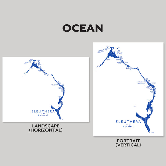 Two maps of Eleuthera, Bahamas, one in landscape and one in portrait orientation, on a gray background.