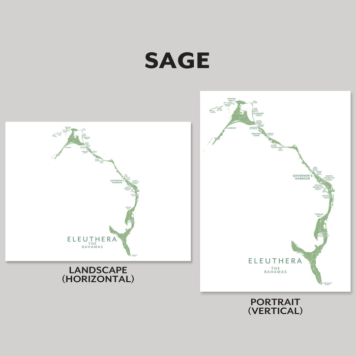 Two map prints of Eleuthera, Bahamas in sage color on a gray background.