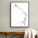 Framed map of Eleuthera, The Bahamas on a wall above a wooden bench.