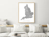 England, United Kingdom map print with natural landscape and main roads designed by Maps As Art.