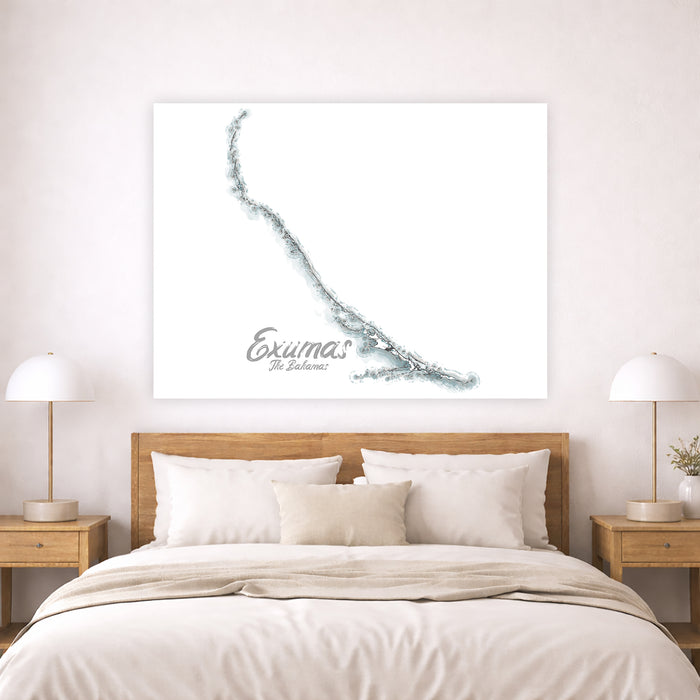 Bedroom with a large wall art piece of a map above a bed.
