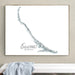 Framed map of Exumas, The Bahamas on a wall above a white bench.