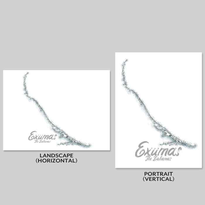 Two map designs with a and 'Exumas The Bahamas' text, one landscape and one portrait.