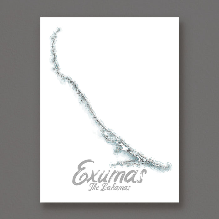 Map of Exumas, The Bahamas on a white background with 'Exumas, The Bahamas' text.