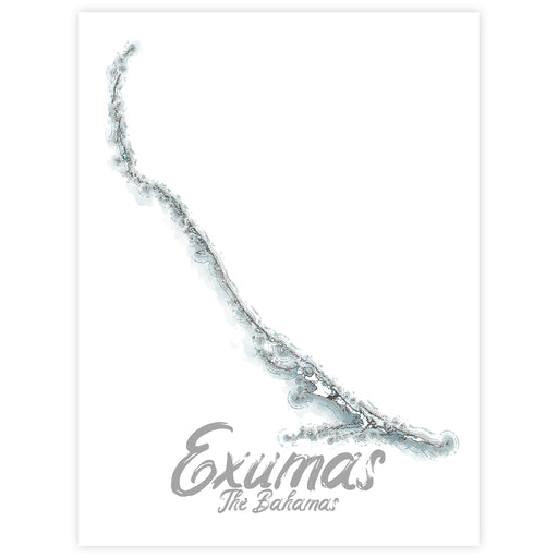 Map of Exumas, The Bahamas with a silver crocodile on a white background