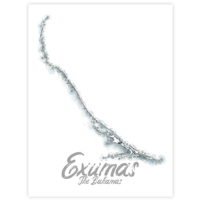 Map of Exumas, The Bahamas with a silver crocodile on a white background