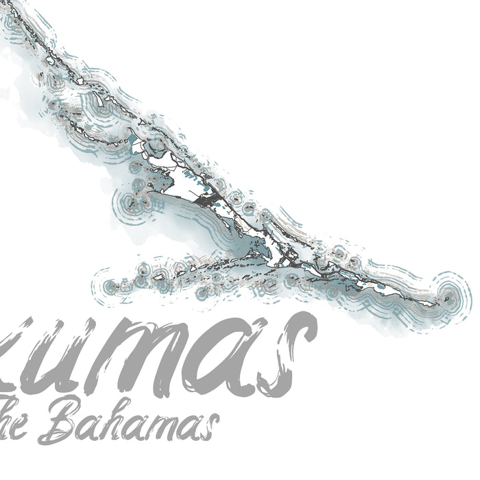 Map with 'Exumas The Bahamas' text on a white background