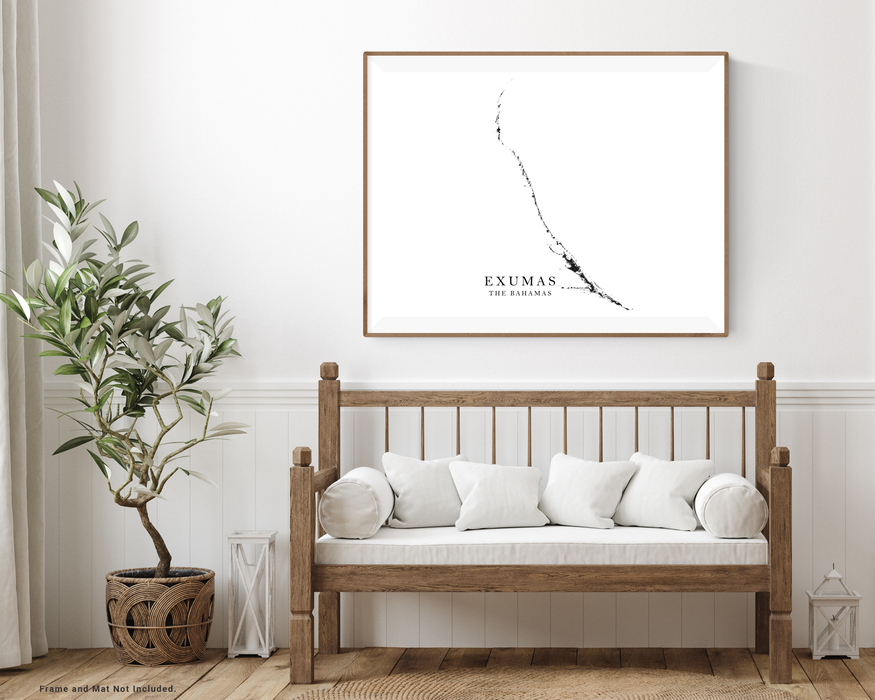 Exumas islands, The Bahamas map print with a black and white landscape design by Maps As Art.