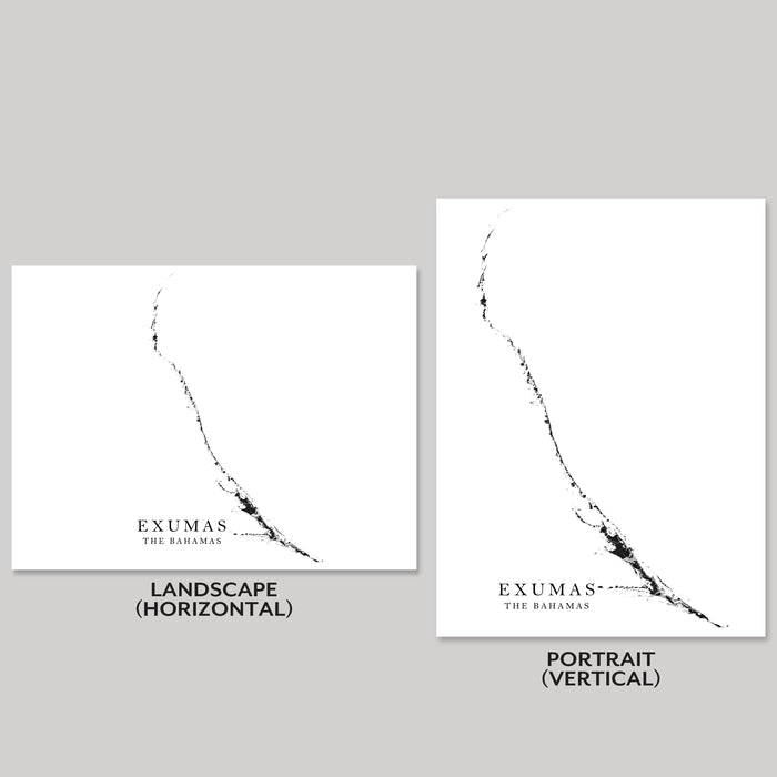 Two maps of Exumas, The Bahamas, one in landscape and one in portrait orientation on a gray background.