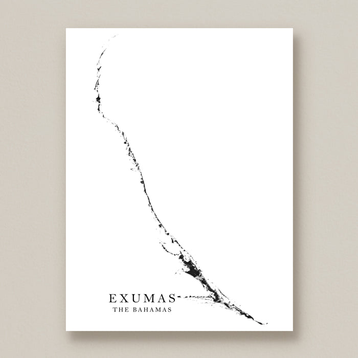 Map of Exumas, The Bahamas with black ink splashes on a white background