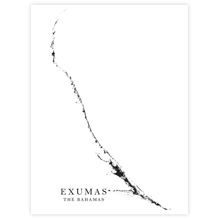 Map of Exumas, The Bahamas with a black inkblot design on a white background