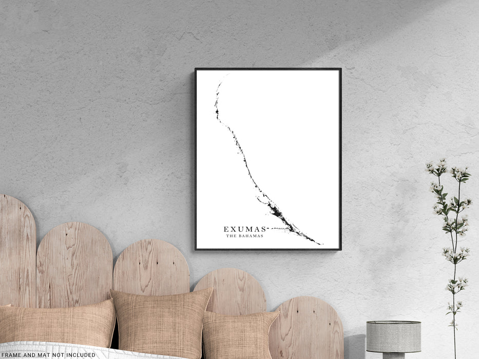 Exumas islands, The Bahamas map print with a black and white landscape design by Maps As Art.
