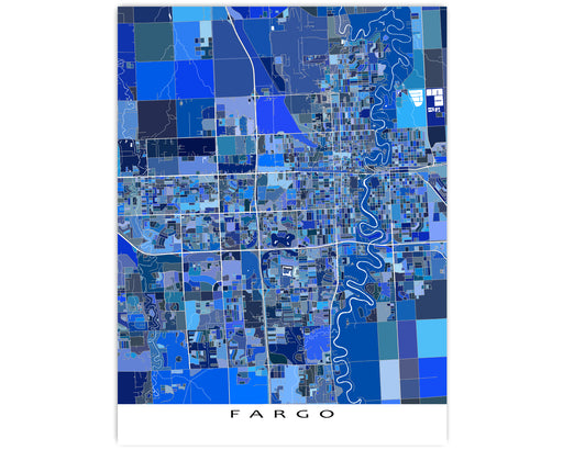 Fargo North Dakota City Map Wall Art Print Poster with Blue Geometric Design