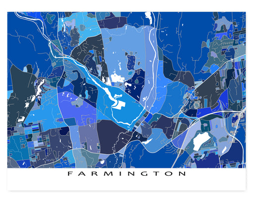 Farmington Connecticut Blue Geometric Wall Art Map Poster Print, USA