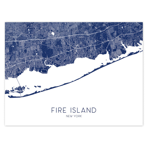 Map of Fire Island, New York in blue on a white background