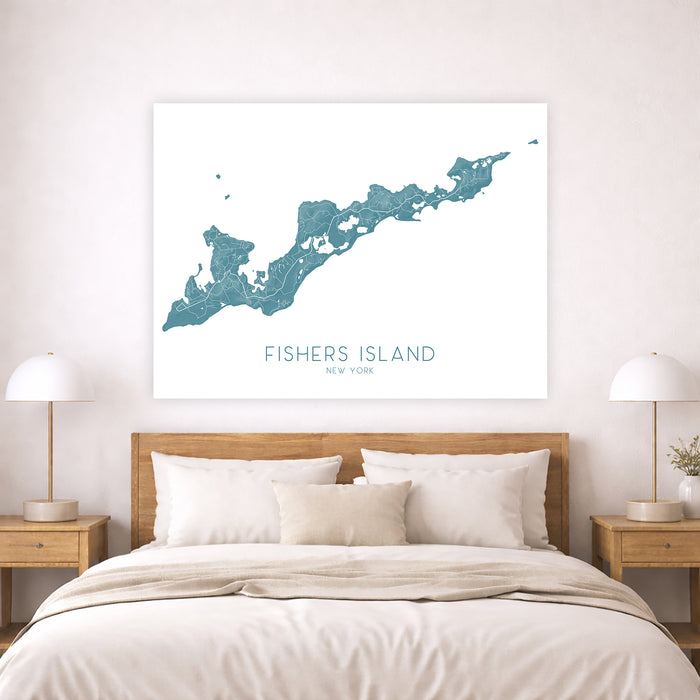 Map of Fishers Island on a wall above a bed in a bedroom.
