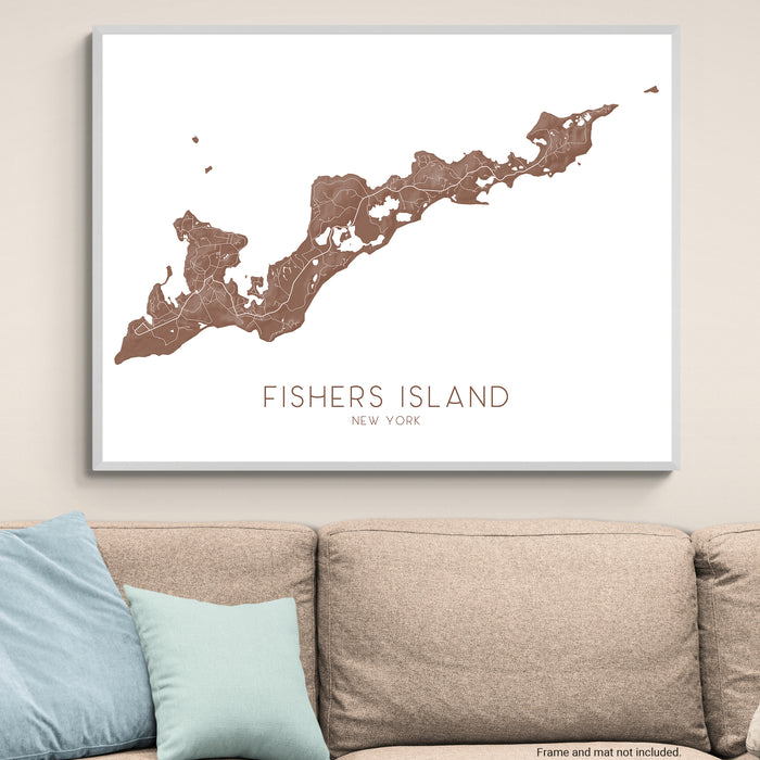 Framed map of Fishers Island, New York on a wall above a sofa.