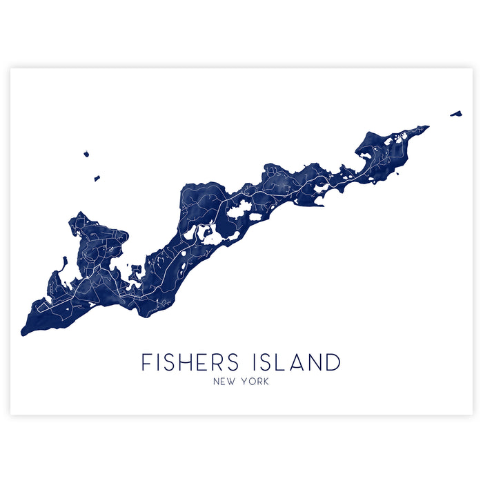 Map of Fishers Island, New York in navy blue on a white background