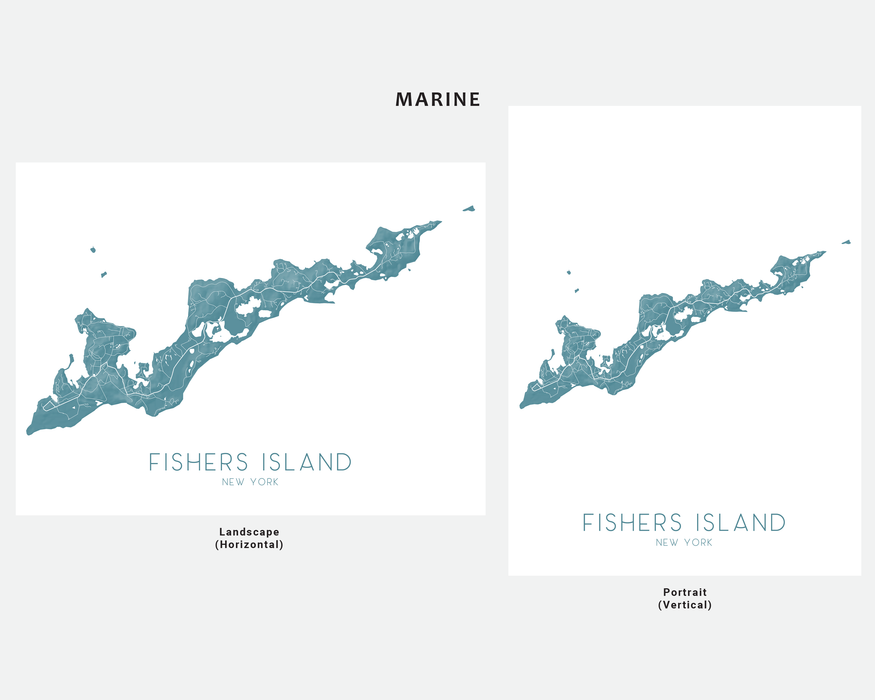 Two maps of Fishers Island, New York, one in landscape and one in portrait orientation, with 'Marine' label above.