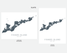Two map designs of Fishers Island, New York, one in landscape and one in portrait orientation, on a white background.