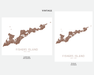 Two map designs of Fishers Island, New York, one in landscape and one in portrait orientation, on a white background.