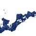 Map of a coastal region with roads and water bodies in blue on a white background