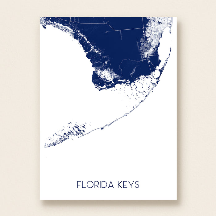 Map of the Florida Keys with a blue and white color scheme on a beige background