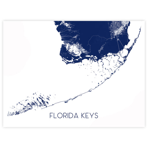 Map of the Florida Keys with a blue and white color scheme on a white background.