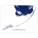 Map of the Florida Keys with a blue and white color scheme on a white background.