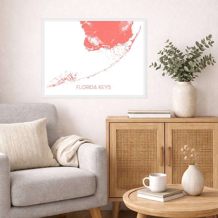 Living room with a gray sofa, wooden cabinet, and Florida Keys map on the wall.
