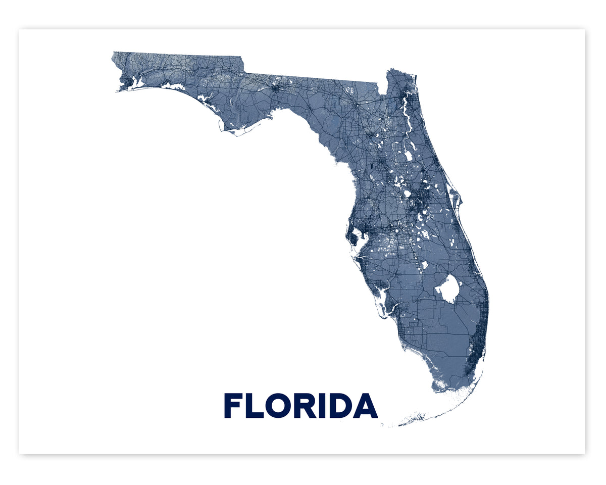 Florida State Map Wall Art Print Poster, Landscape Topographic Road Ma ...