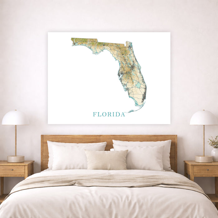 Map of Florida on a wall above a bed in a bedroom setting