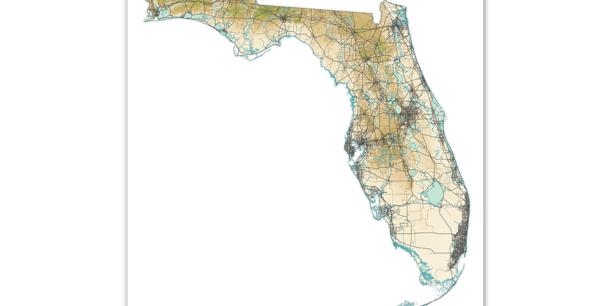 Florida State Map Print Poster, Topographic Wall Decor Landscape Art T ...