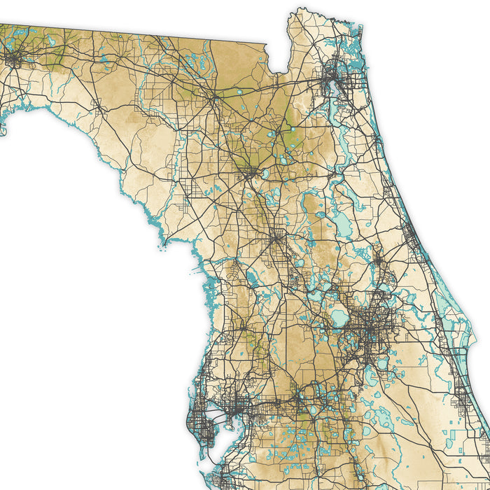 Map of Florida with roads and water bodies