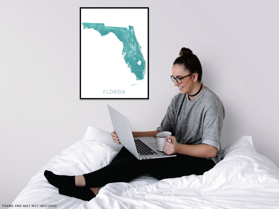 Florida state map print with a turquoise topographic design by Maps As Art.