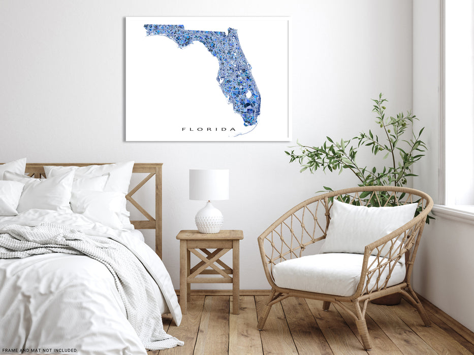 Florida state map art print in blue shapes designed by Maps As Art.