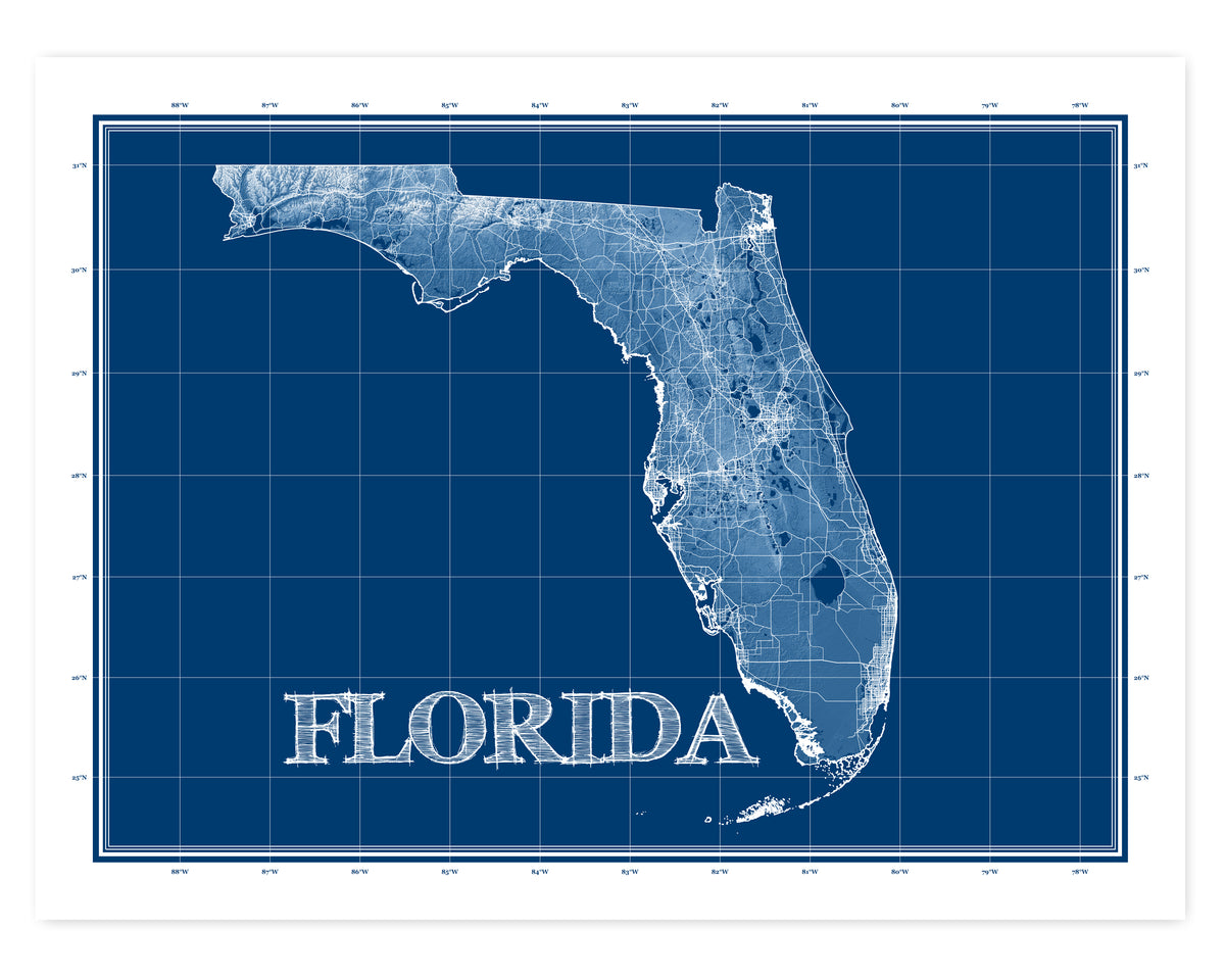 Florida State Road Map Wall Art Print Poster with Blueprint Style Desi ...