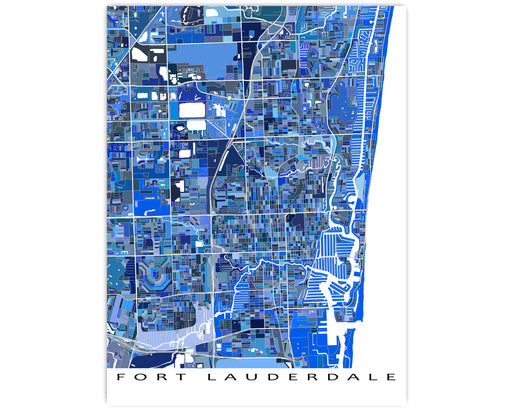 Fort Lauderdale Florida City Map Wall Art Poster Print with Blue Geometric Design