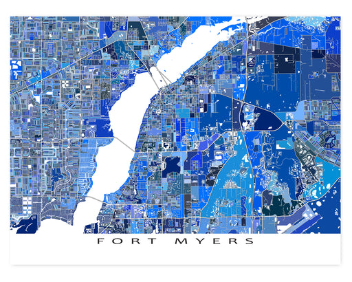 Fort Myers, Florida map art print in blue shapes designed by Maps As Art.