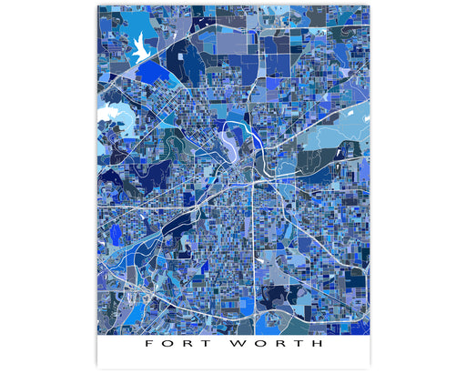 Fort Worth, Texas map art print in blue shapes designed by Maps As Art.