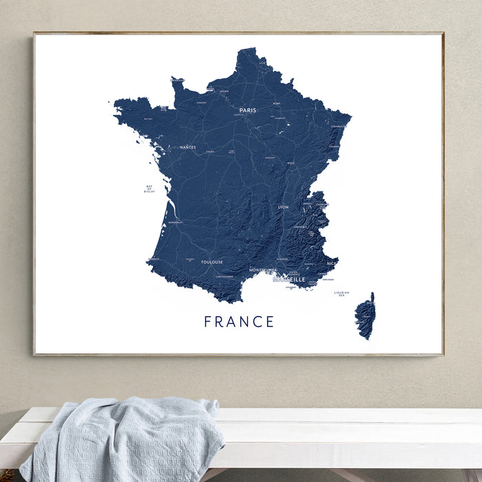 France Map Print: Labelled Topographic Country Wall Art Poster, Paris