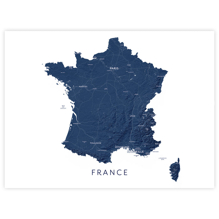 France Map Print: Labelled Topographic Country Wall Art Poster, Paris