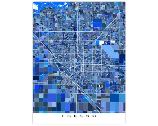 Fresno Map Wall Art Poster Print, California, USA, Blue Geometric City Street Maps