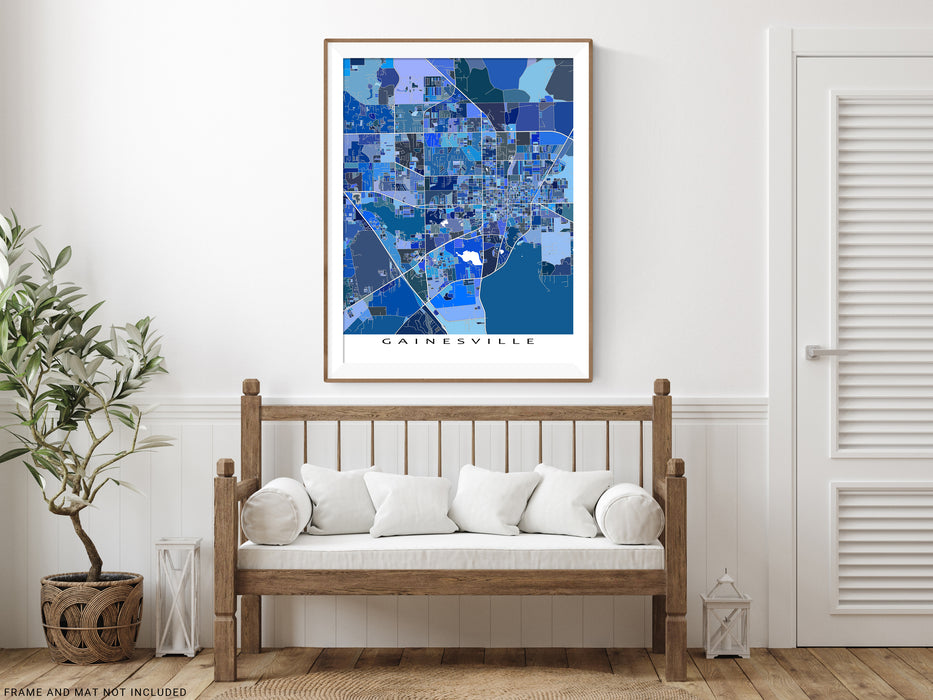 Gainesville, Florida map art print in blue shapes designed by Maps As Art.