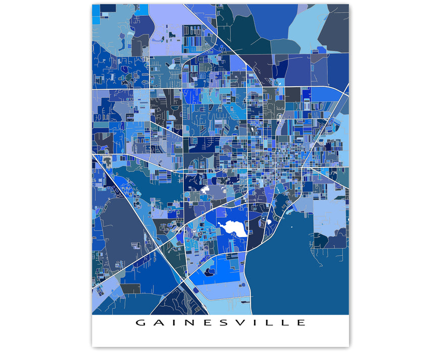 Gainesville, Florida map art print in blue shapes designed by Maps As Art.